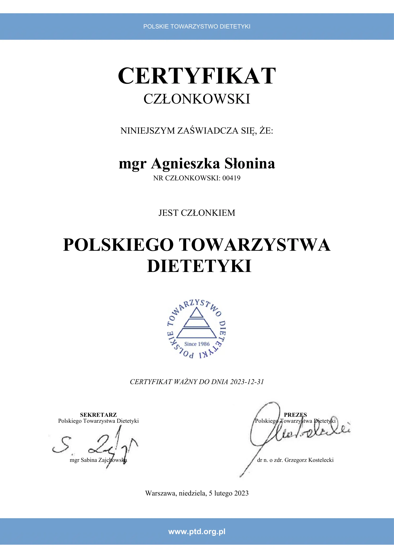Certyfikat Polskiego Towarzystwa Diabetologicznego