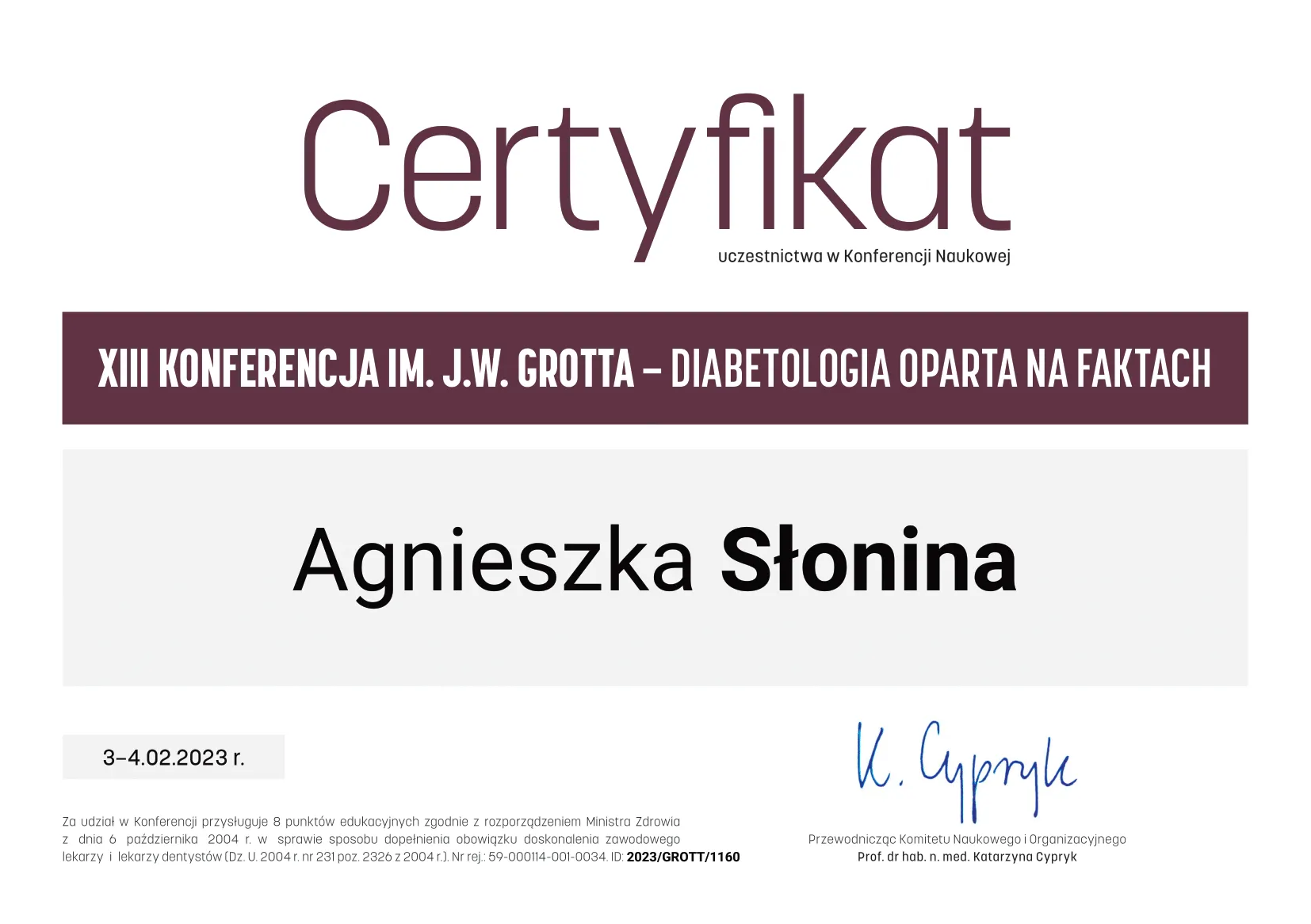 Certyfikat: Diabetologia oparta na faktach