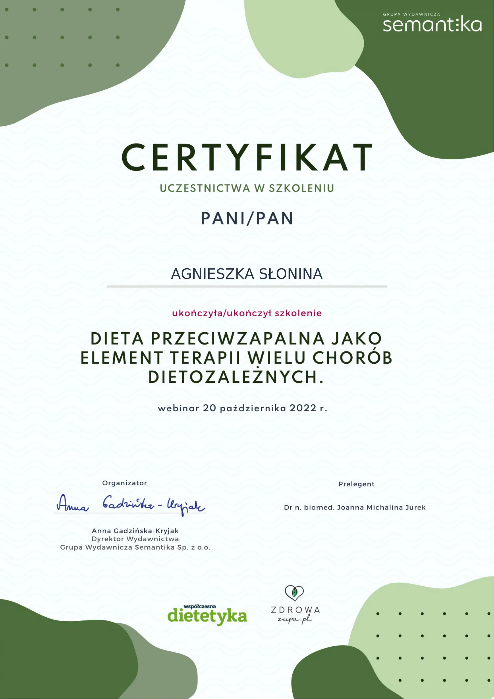 Certyfikat: Dieta przeciwzapalna