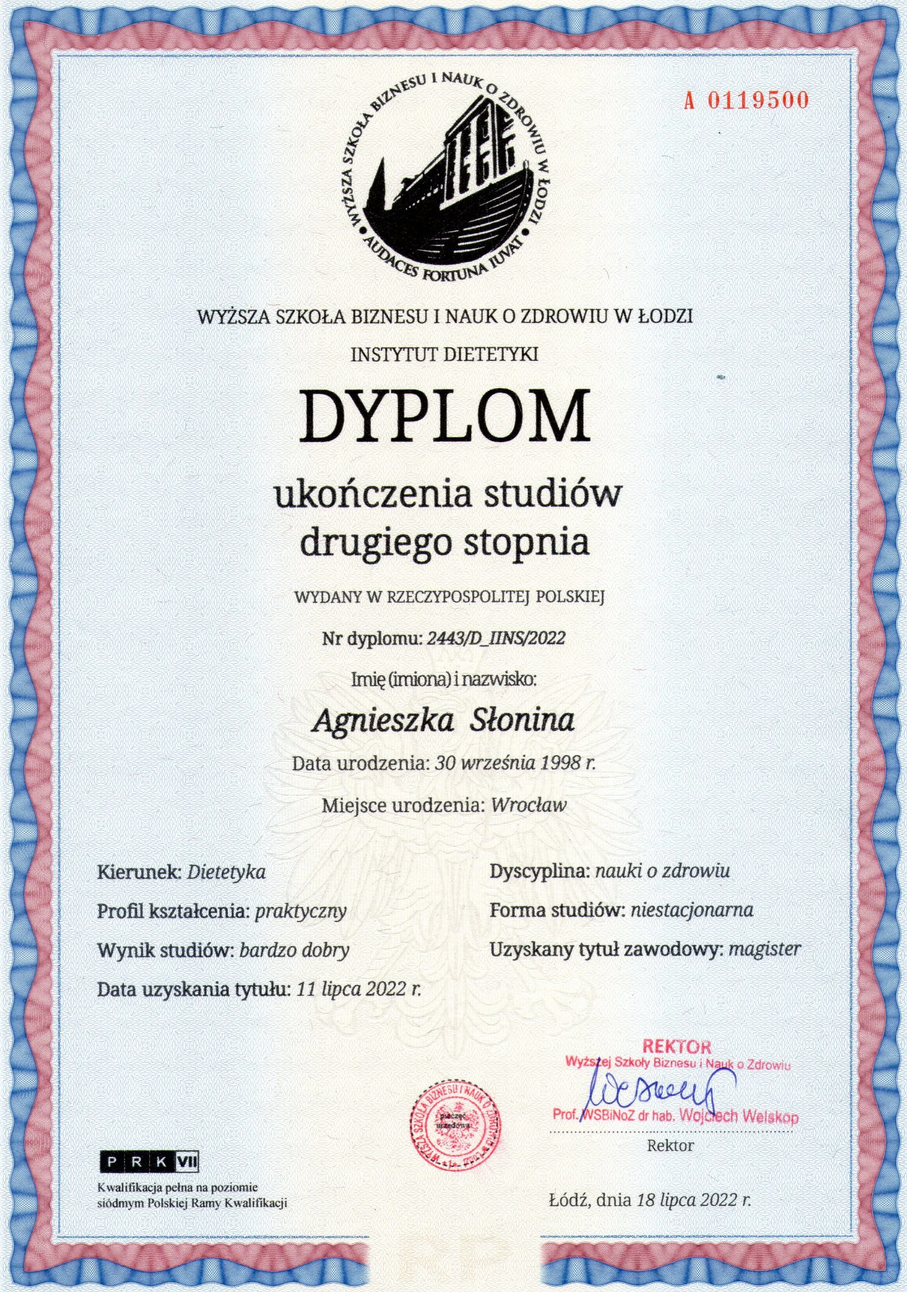 Dyplom magisterski z dietetyki